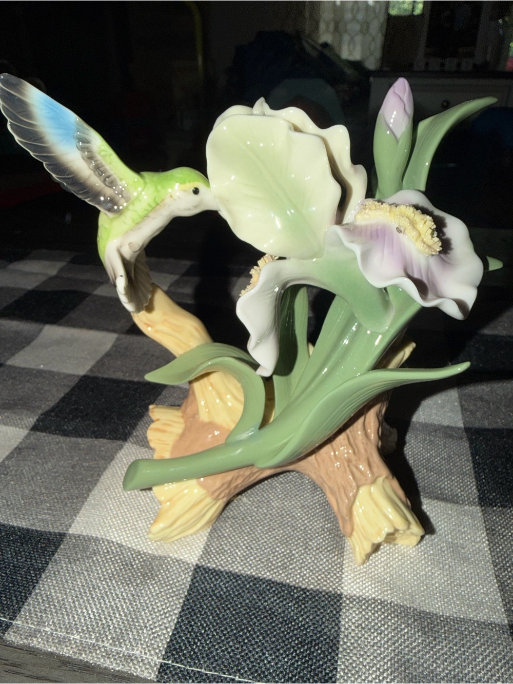 Porcelain Hummingbird & Iris Figurine - Pastel Green and Purple